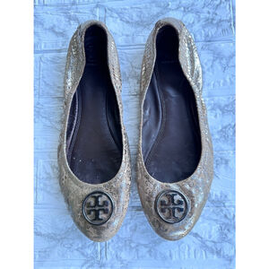 Women's Tory Burch Heidi Flats Shoes Size 11 Beige with Silver Accents